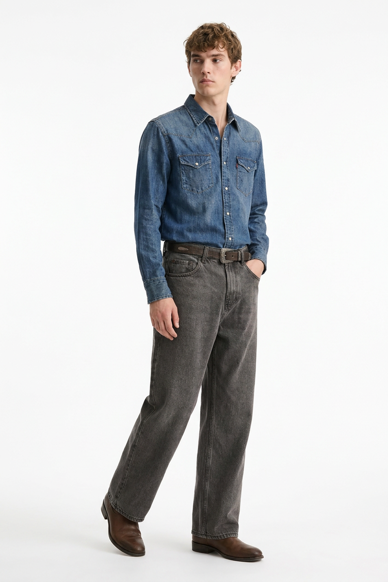Men's Vintage Wash Soft Grey Baggy Straight-Leg Jeans