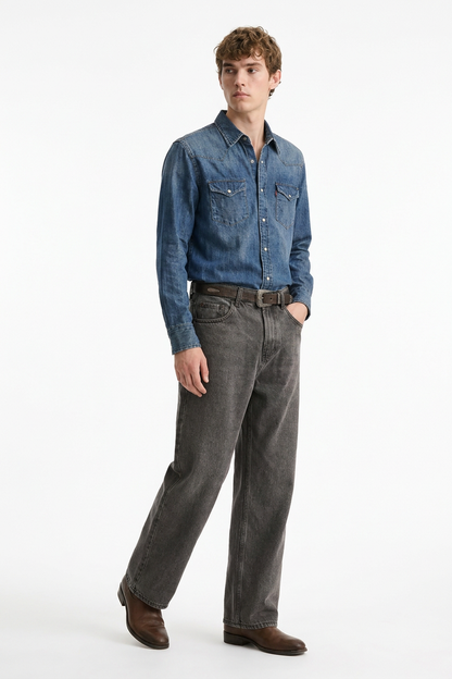 Men's Vintage Wash Soft Grey Baggy Straight-Leg Jeans