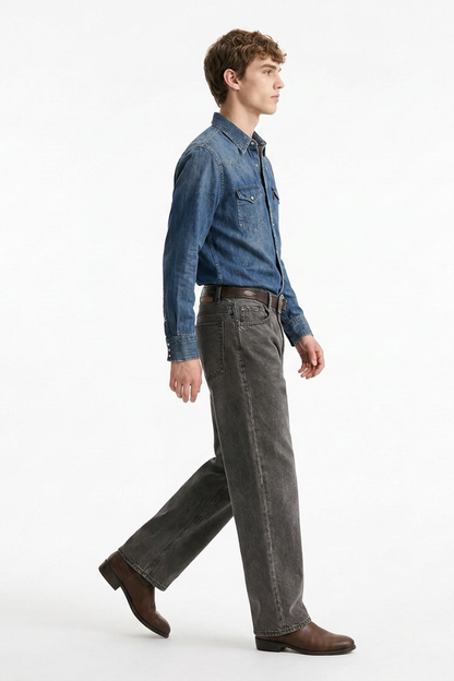 Men's Vintage Wash Soft Grey Baggy Straight-Leg Jeans
