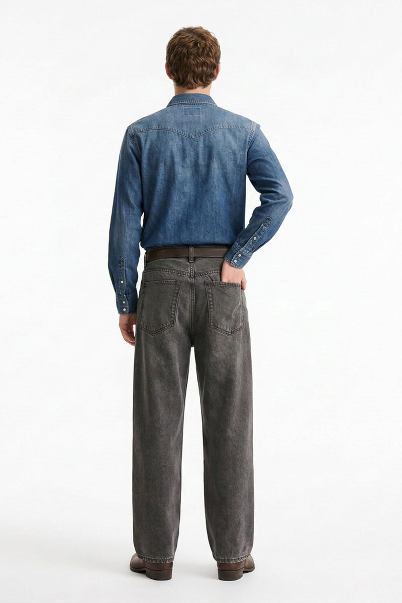 Men's Vintage Wash Soft Grey Baggy Straight-Leg Jeans