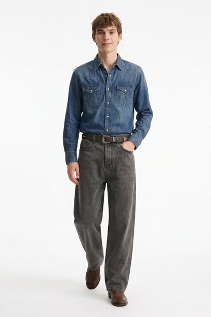 Men's Vintage Wash Soft Grey Baggy Straight-Leg Jeans
