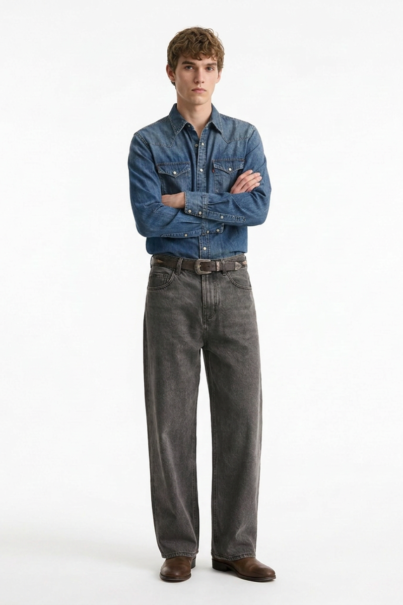 Men's Vintage Wash Soft Grey Baggy Straight-Leg Jeans