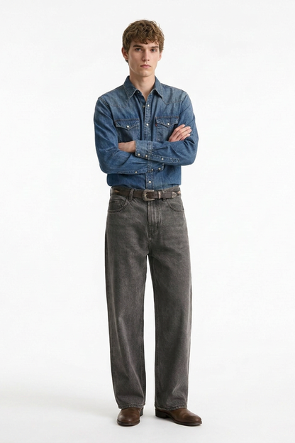 Men's Vintage Wash Soft Grey Baggy Straight-Leg Jeans