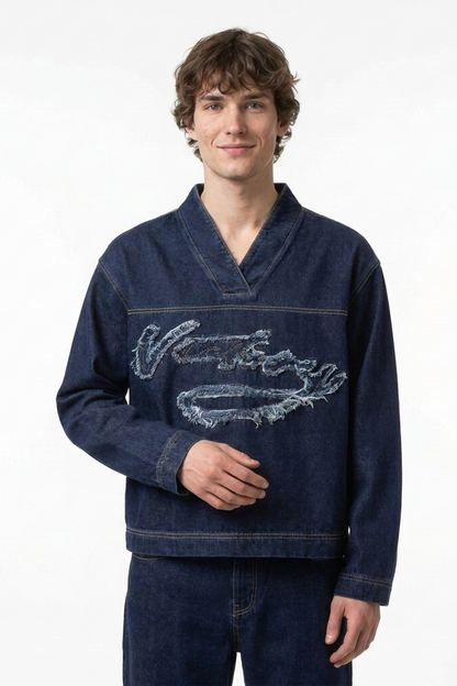 Men's V-Neck Washed Overshirt Denim Pullover Shirt