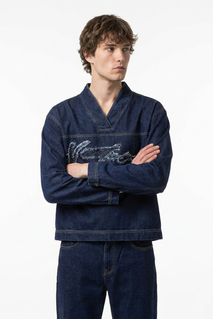 Men's V-Neck Washed Overshirt Denim Pullover Shirt