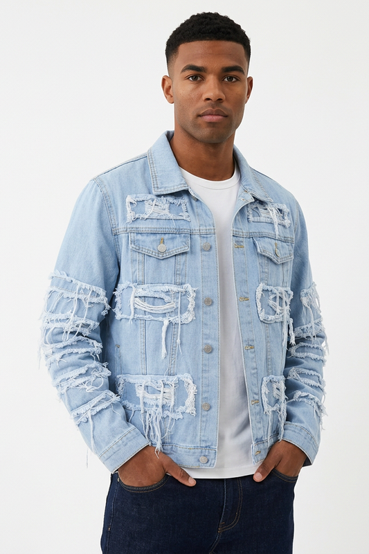 Men's Heavy Ripped Frayed Distressed Denim Jacket