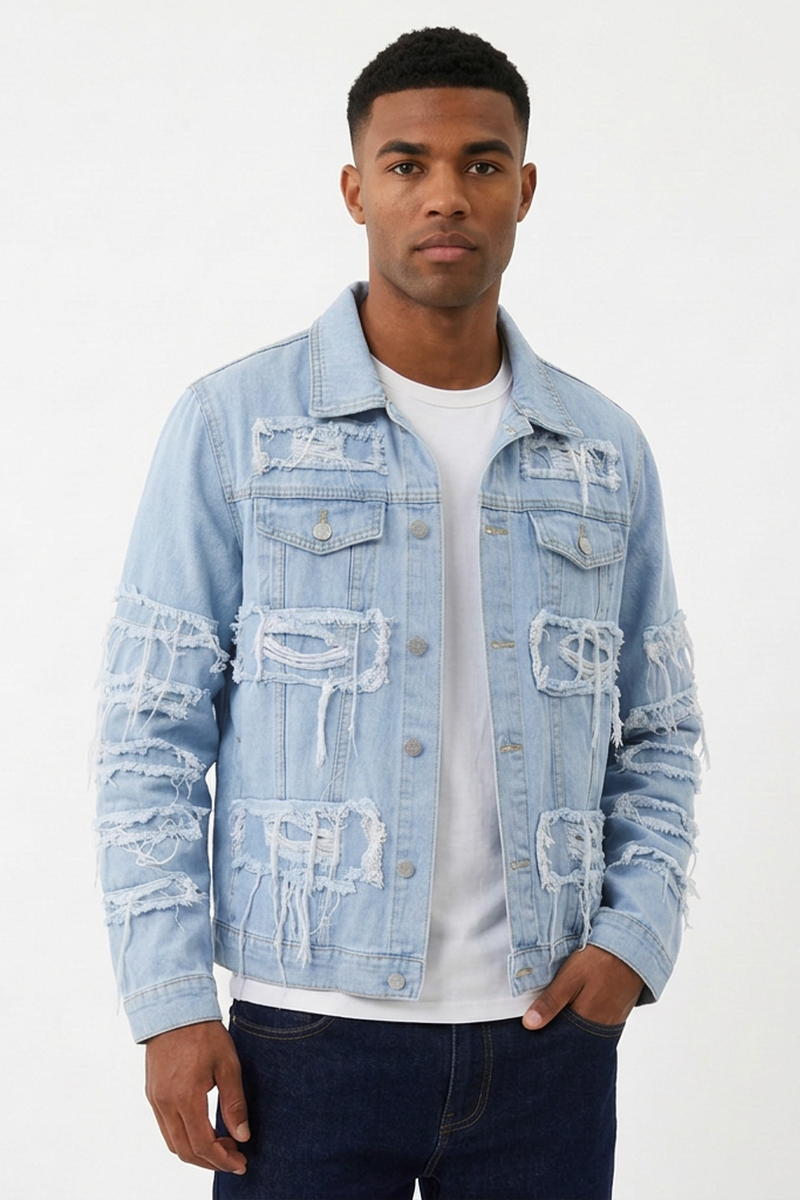 Men's Heavy Ripped Frayed Distressed Denim Jacket