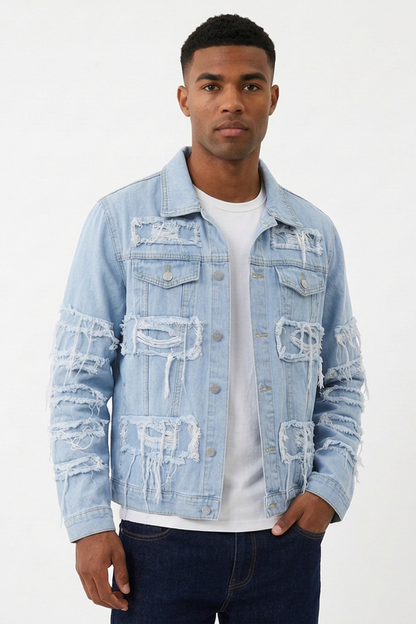 Men's Heavy Ripped Frayed Distressed Denim Jacket