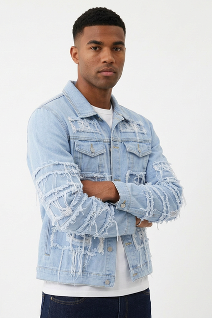 Men's Heavy Ripped Frayed Distressed Denim Jacket