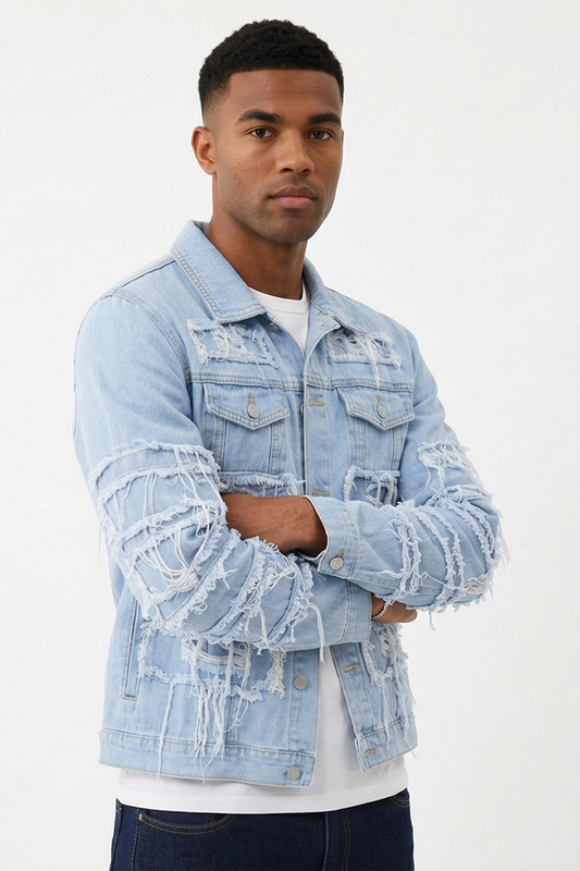 Men's Heavy Ripped Frayed Distressed Denim Jacket