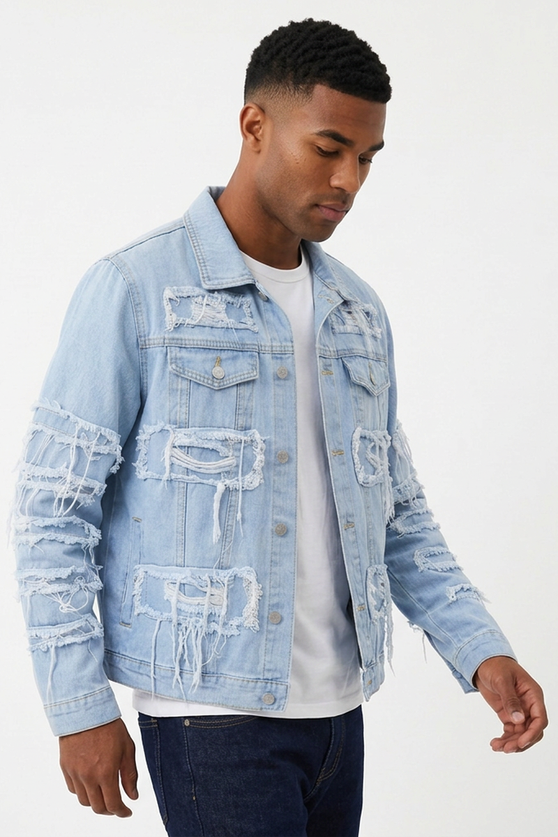 Men's Heavy Ripped Frayed Distressed Denim Jacket