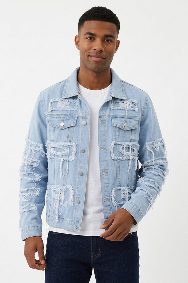 Men's Heavy Ripped Frayed Distressed Denim Jacket