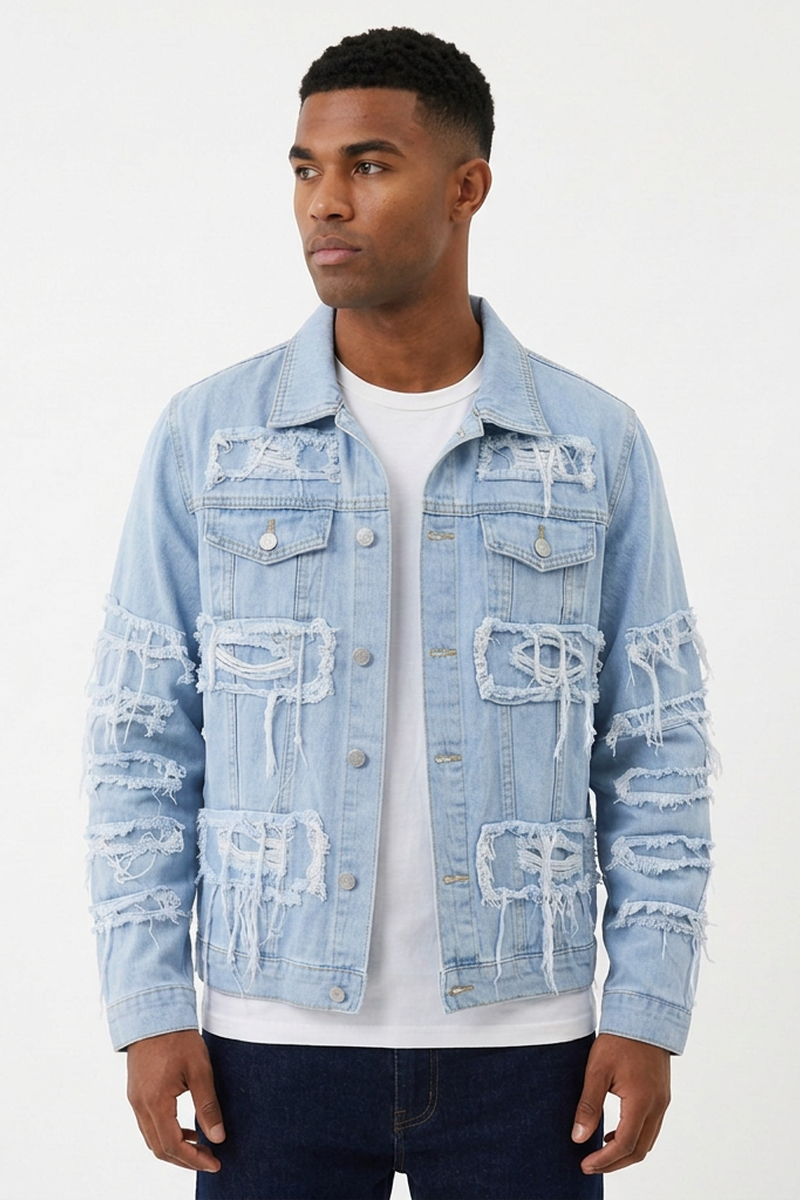 Men's Heavy Ripped Frayed Distressed Denim Jacket