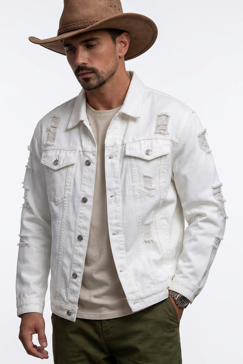 Men's Ripped White Denim Jacket