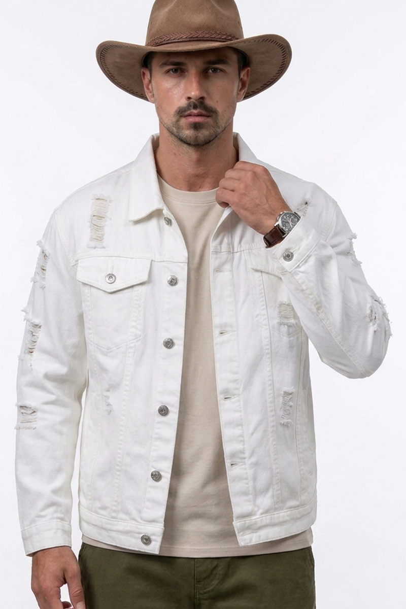Men's Ripped White Denim Jacket