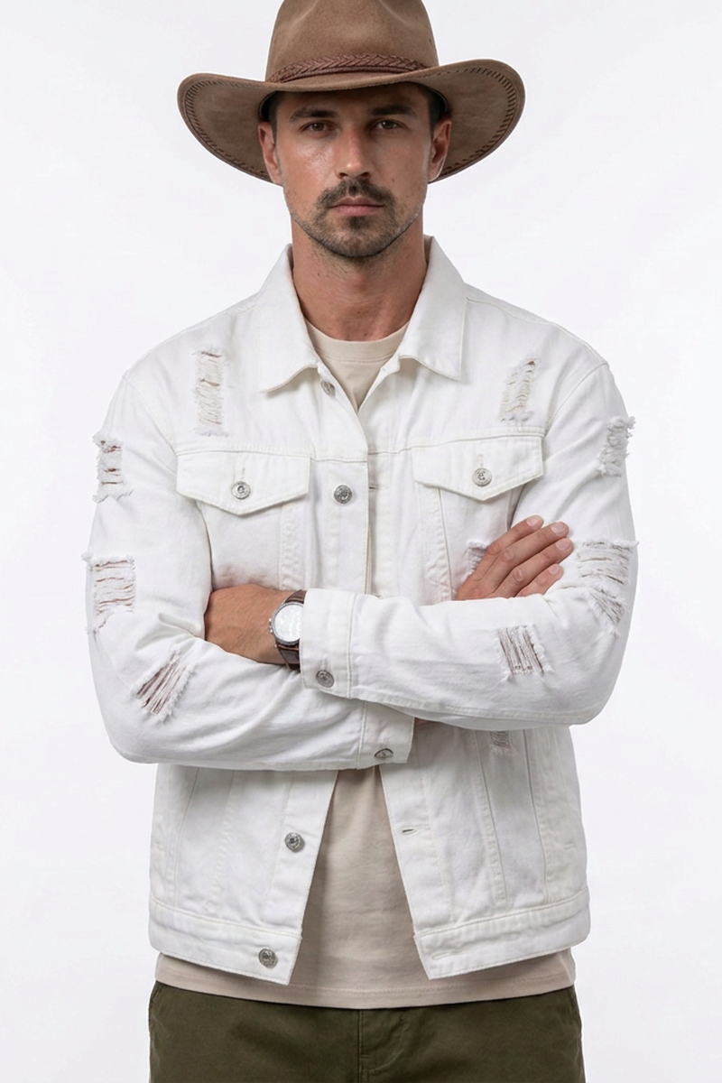 Men's Ripped White Denim Jacket