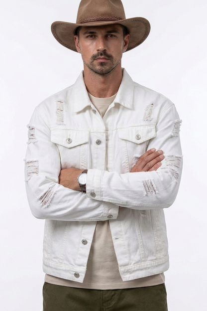 Men's Ripped White Denim Jacket