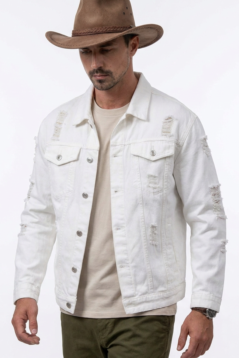 Men's Ripped White Denim Jacket