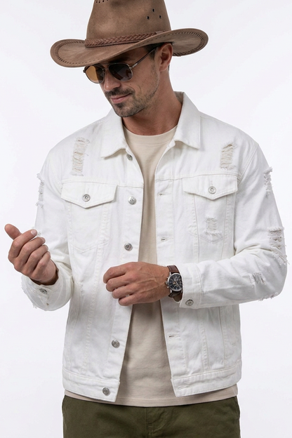 Men's Ripped White Denim Jacket