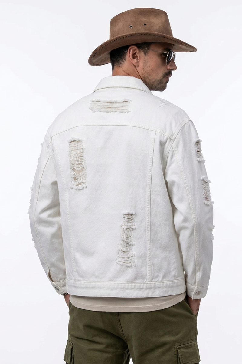 Men's Ripped White Denim Jacket