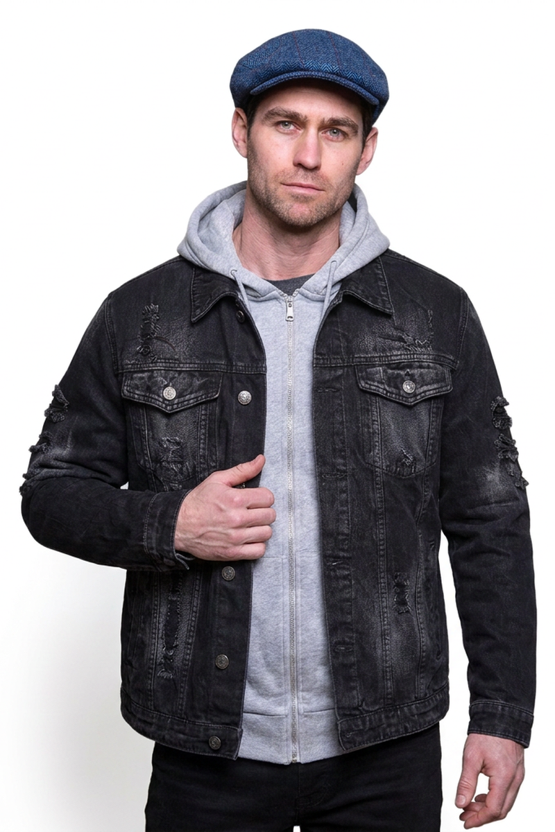 Men's Washed Black Distressed Denim Jacket