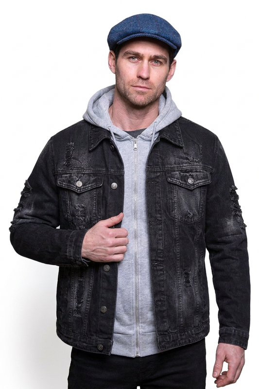 Men's Washed Black Distressed Denim Jacket