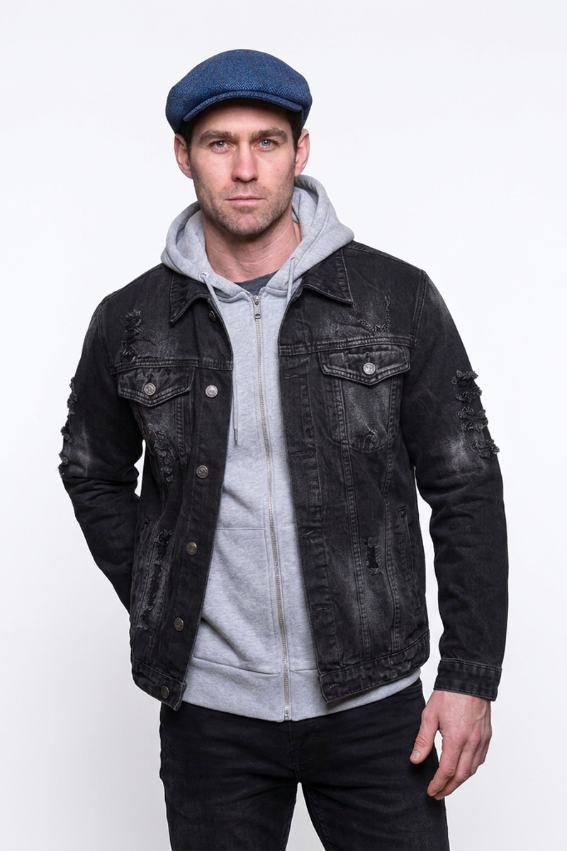 Men's Washed Black Distressed Denim Jacket
