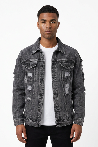 Men's Vintage Washed Heavy Distressed Ripped Denim Jacket