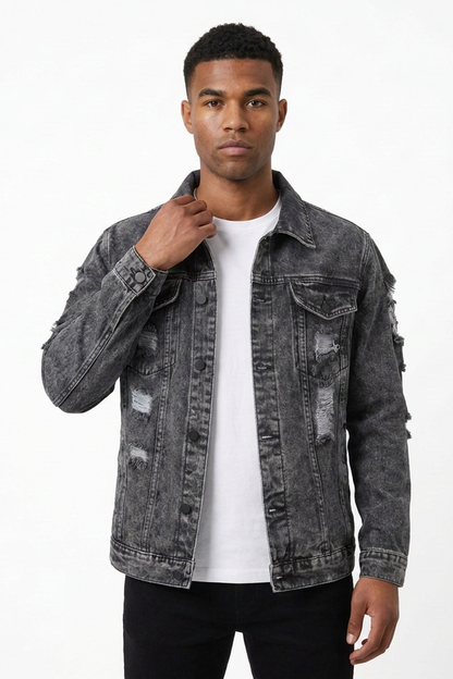 Men's Vintage Washed Heavy Distressed Ripped Denim Jacket