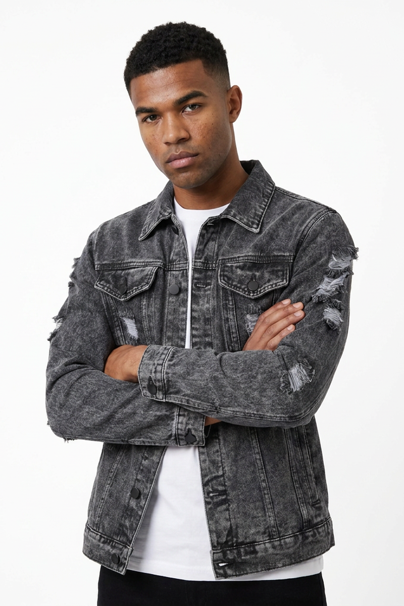 Men's Vintage Washed Heavy Distressed Ripped Denim Jacket