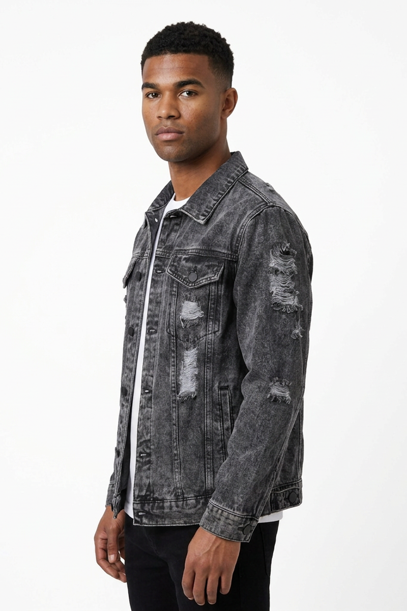 Men's Vintage Washed Heavy Distressed Ripped Denim Jacket