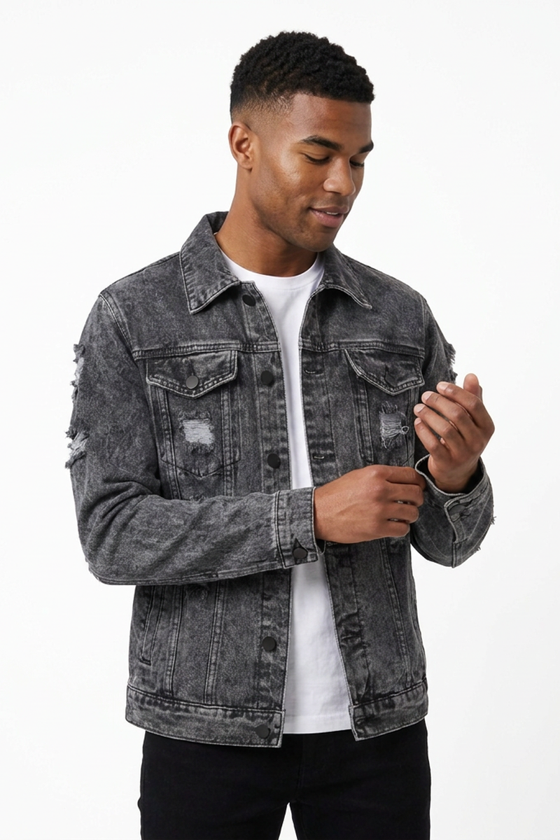 Men's Vintage Washed Heavy Distressed Ripped Denim Jacket