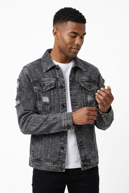 Men's Vintage Washed Heavy Distressed Ripped Denim Jacket