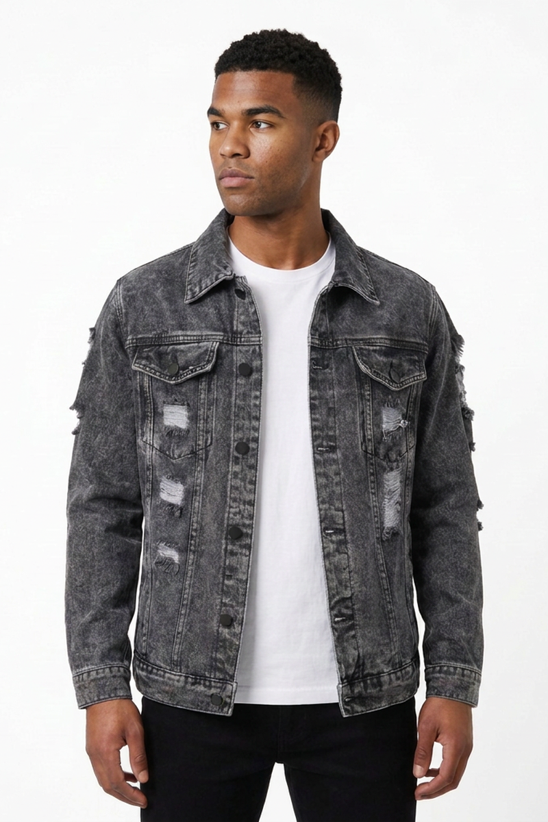 Men's Vintage Washed Heavy Distressed Ripped Denim Jacket