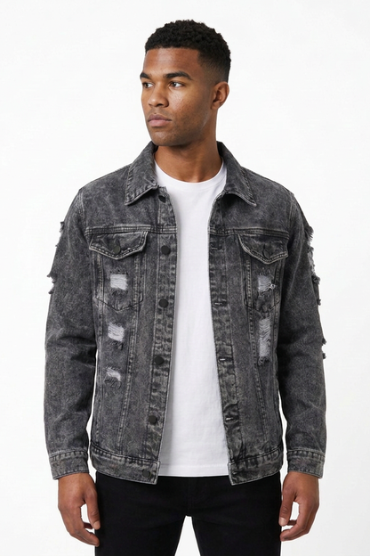 Men's Vintage Washed Heavy Distressed Ripped Denim Jacket