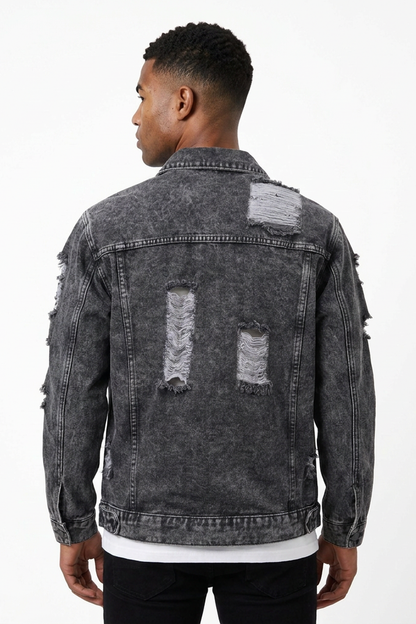 Men's Vintage Washed Heavy Distressed Ripped Denim Jacket