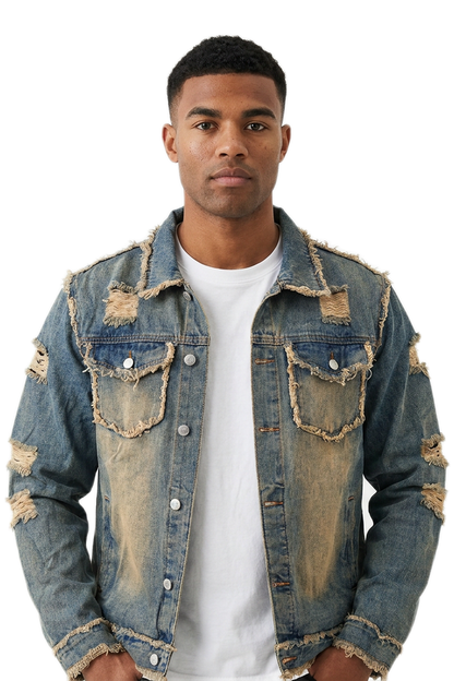 Men's Vintage Washed Distressed Denim Blue Jacket
