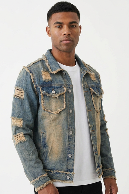 Men's Vintage Washed Distressed Denim Blue Jacket