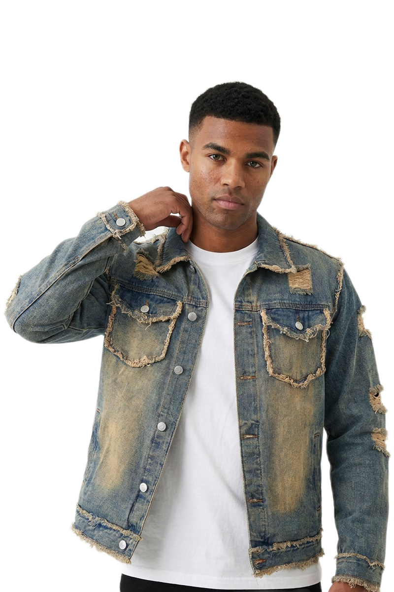 Men's Vintage Washed Distressed Denim Blue Jacket