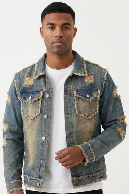 Men's Vintage Washed Distressed Denim Blue Jacket