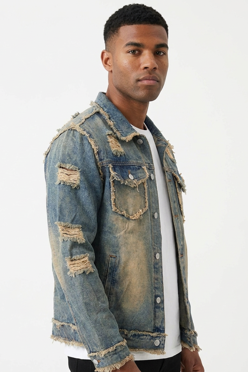 Men's Vintage Washed Distressed Denim Blue Jacket