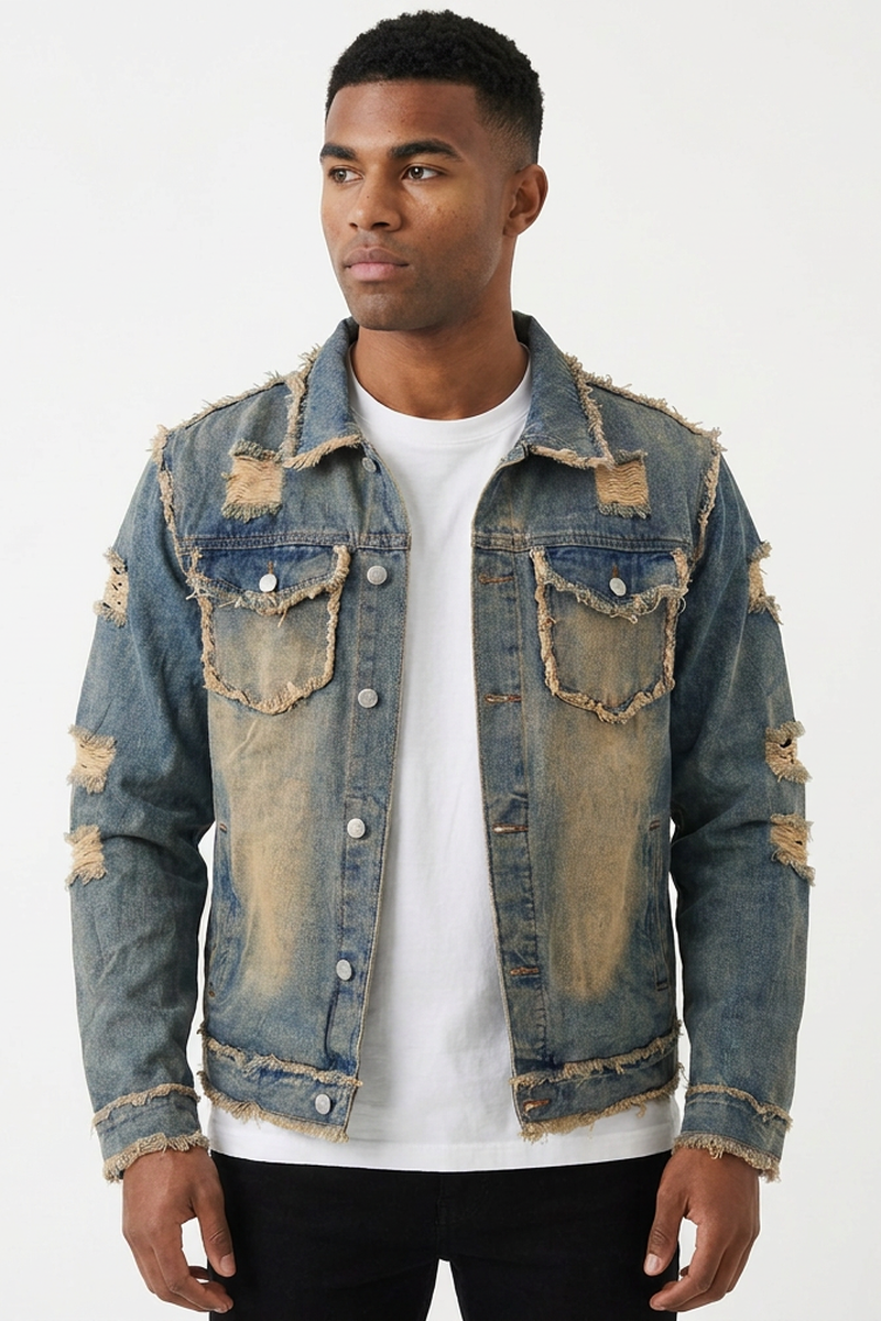 Men's Vintage Washed Distressed Denim Blue Jacket