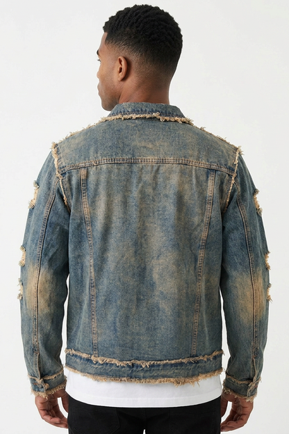 Men's Vintage Washed Distressed Denim Blue Jacket