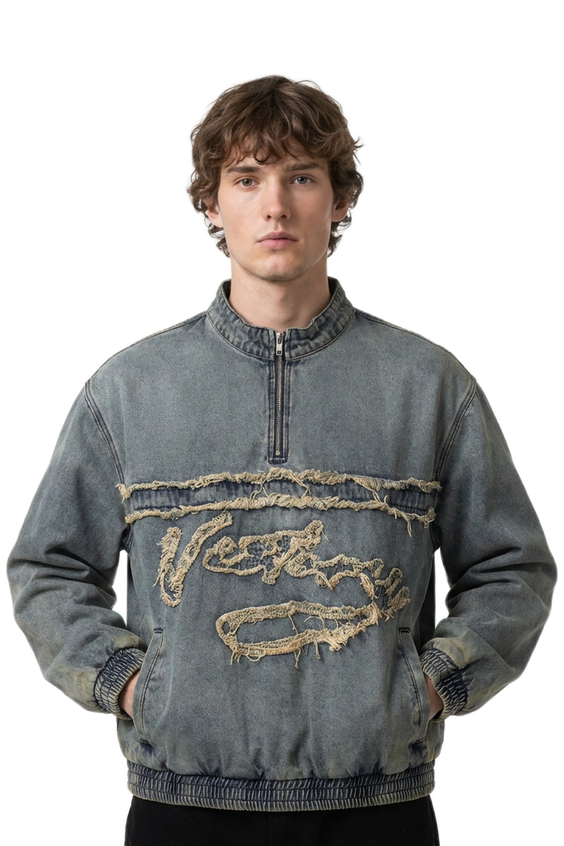 Men's Vintage Light Blue Half-Zip Distressed Denim Top