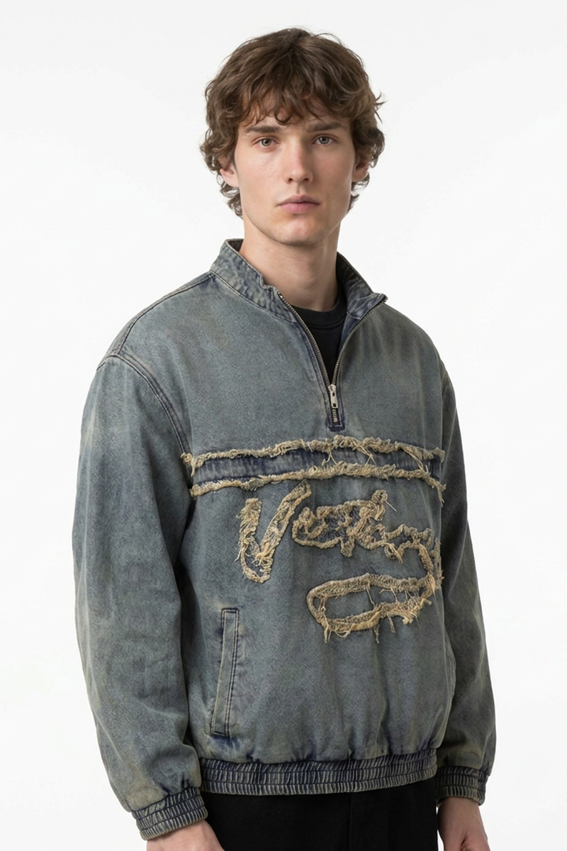 Men's Vintage Light Blue Half-Zip Distressed Denim Top