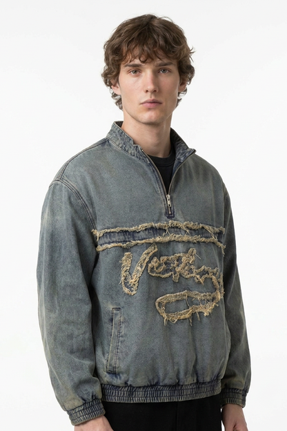 Men's Vintage Light Blue Half-Zip Distressed Denim Top