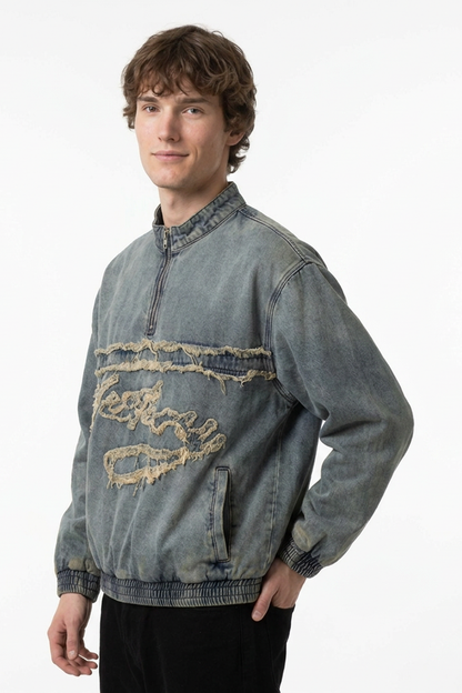 Men's Vintage Light Blue Half-Zip Distressed Denim Top