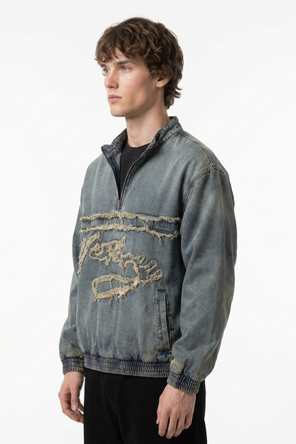 Men's Vintage Light Blue Half-Zip Distressed Denim Top