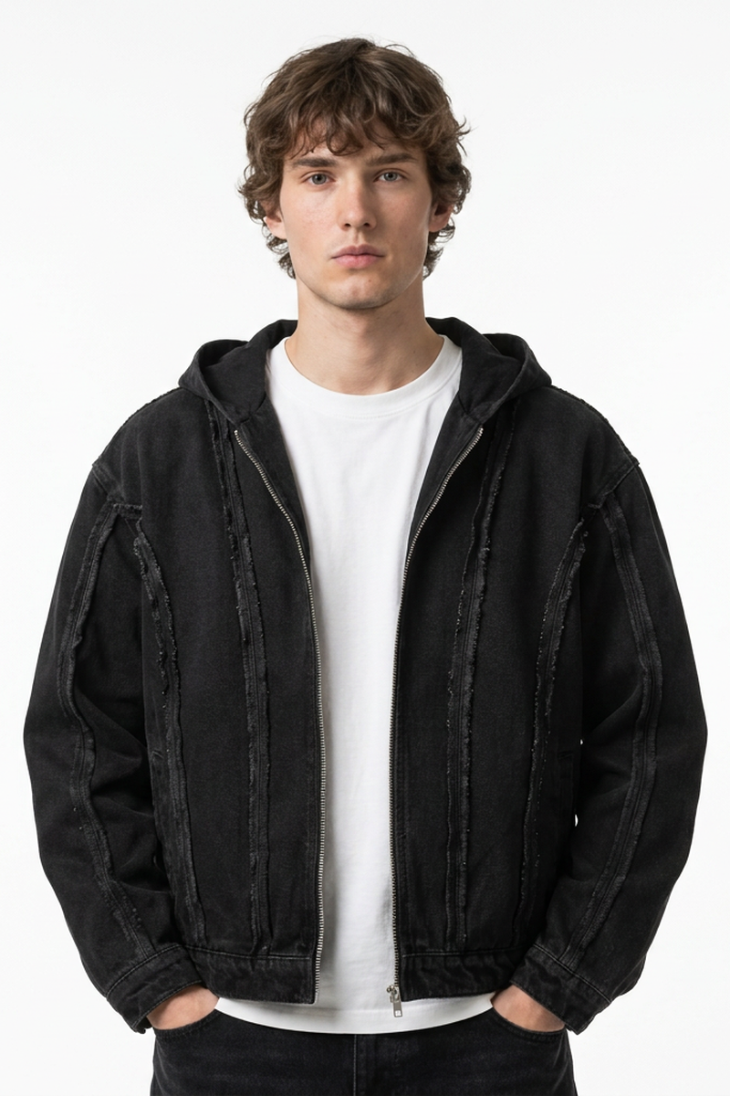 Men's Casual Vintage Washed Black Denim Hoodie