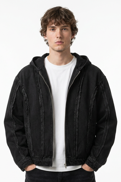Men's Casual Vintage Washed Black Denim Hoodie